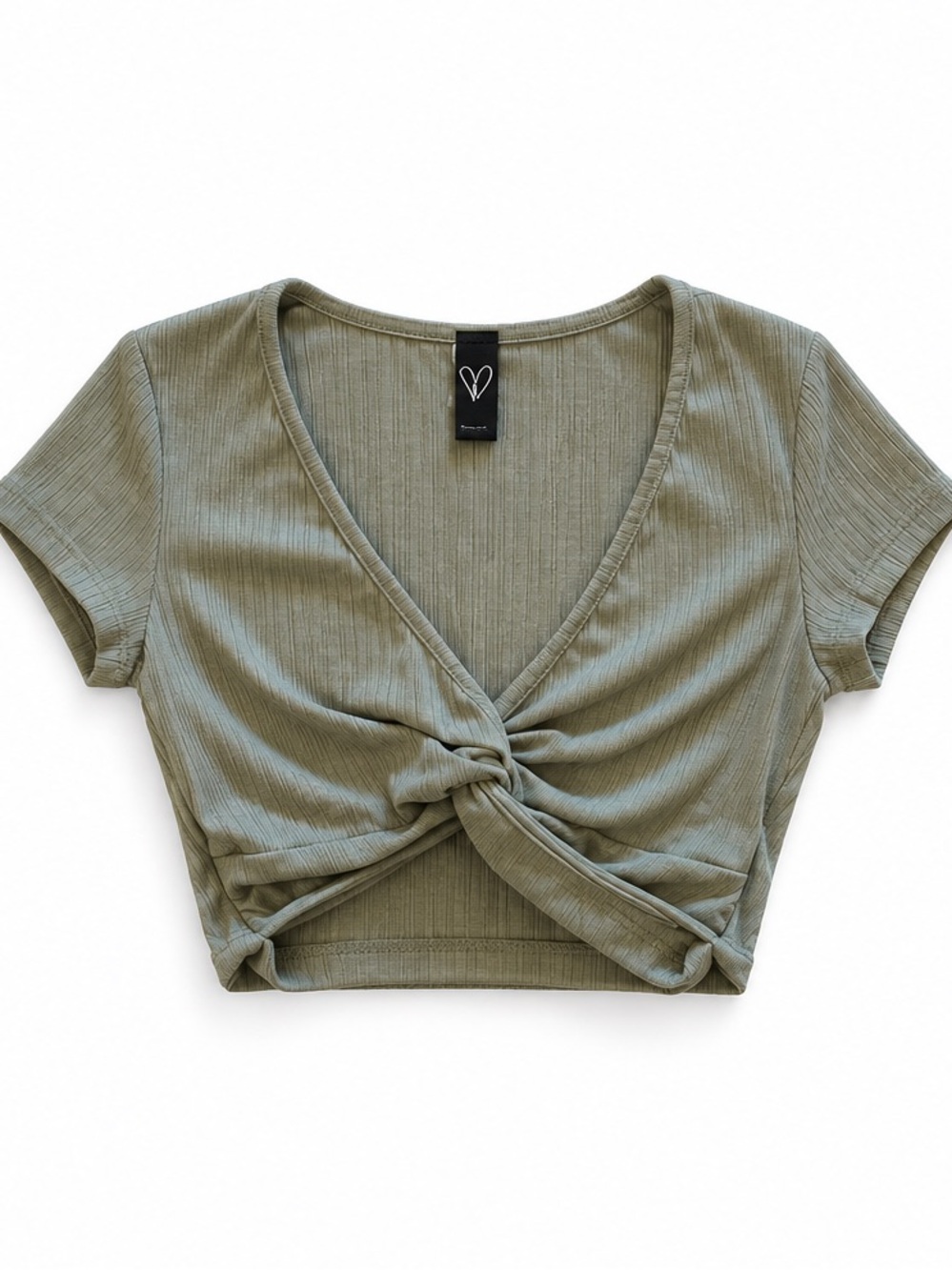 Windsor Olive Ribbed Knot Front Crop Top